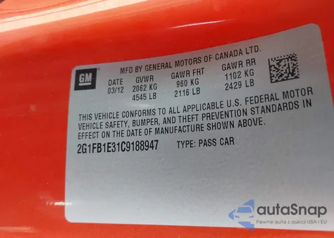 2012 Chevrolet Camaro 1Lt z USA, uszkodzony, nr VIN 2G1FB1E31C9188947